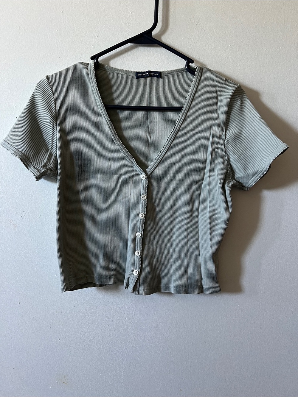 Brandy Melville Sage Green Ribbed Button-Front V-Neck Top